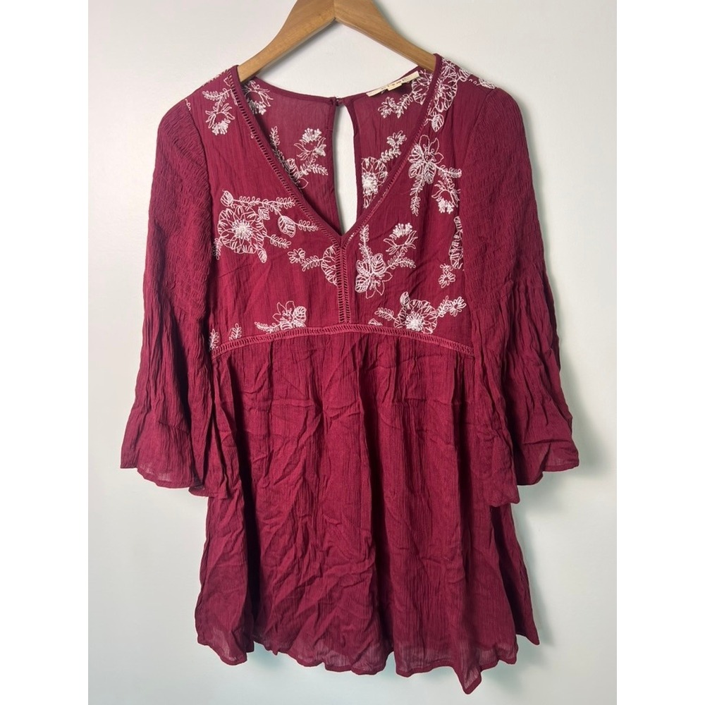 Miami Embroidered Boho Tunic S Burgundy Bell Sleeve V-Neck Top Cottage Fairy Y2K